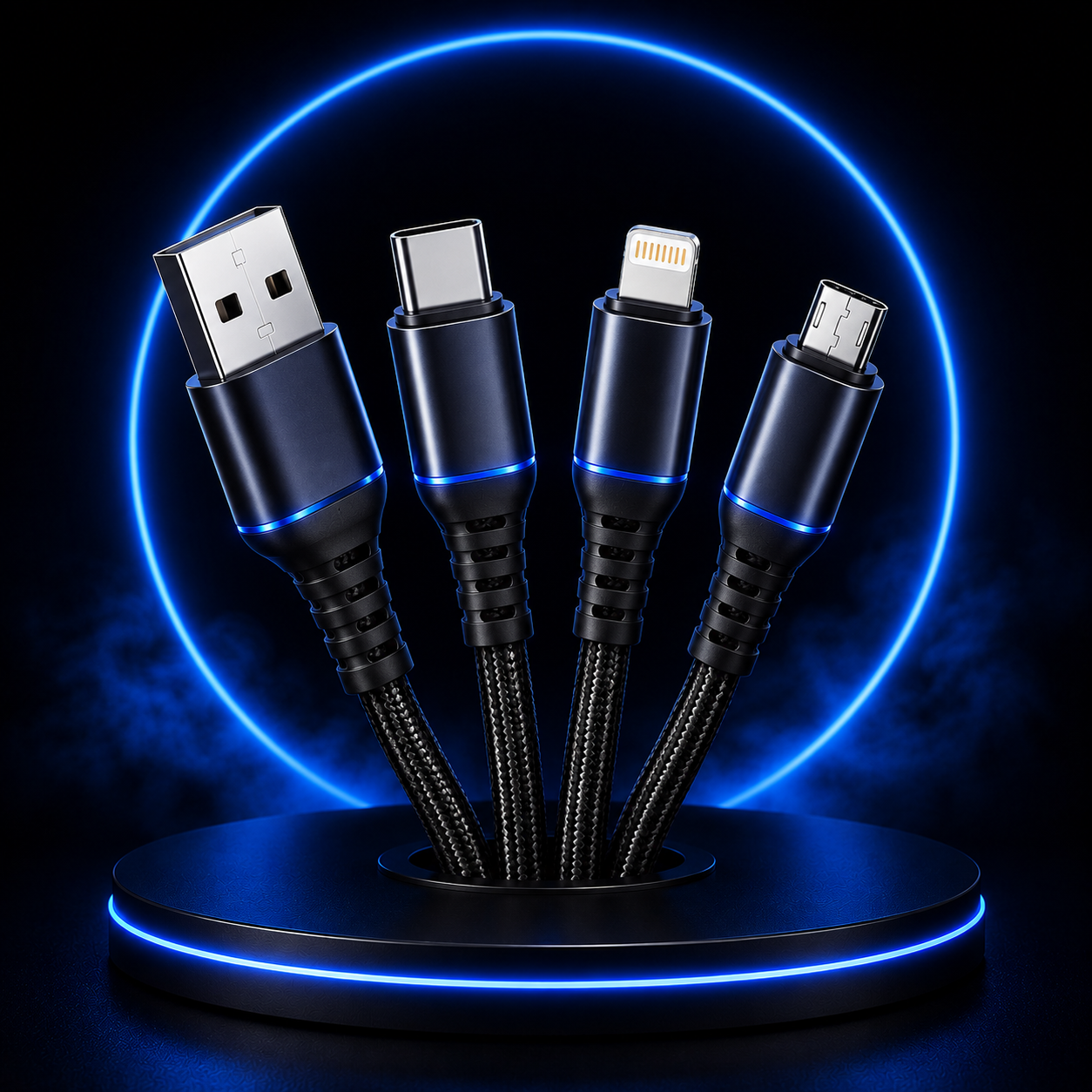 Premium charging and data cables collection featuring USB-C, Lightning, Micro USB, and fast charging cables for smartphones and other devices.