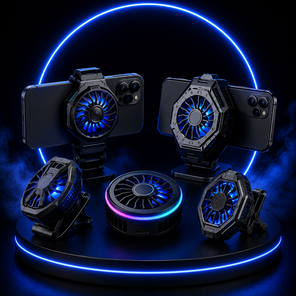 Premium mobile cooling fans collection featuring magnetic semiconductor phone coolers and RGB gaming cooling fans in a modern black and blue theme.