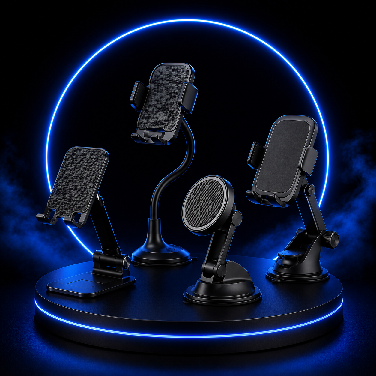 Premium mobile holders collection featuring car mounts, desk stands, magnetic holders, and adjustable phone stands in a modern black and blue theme.