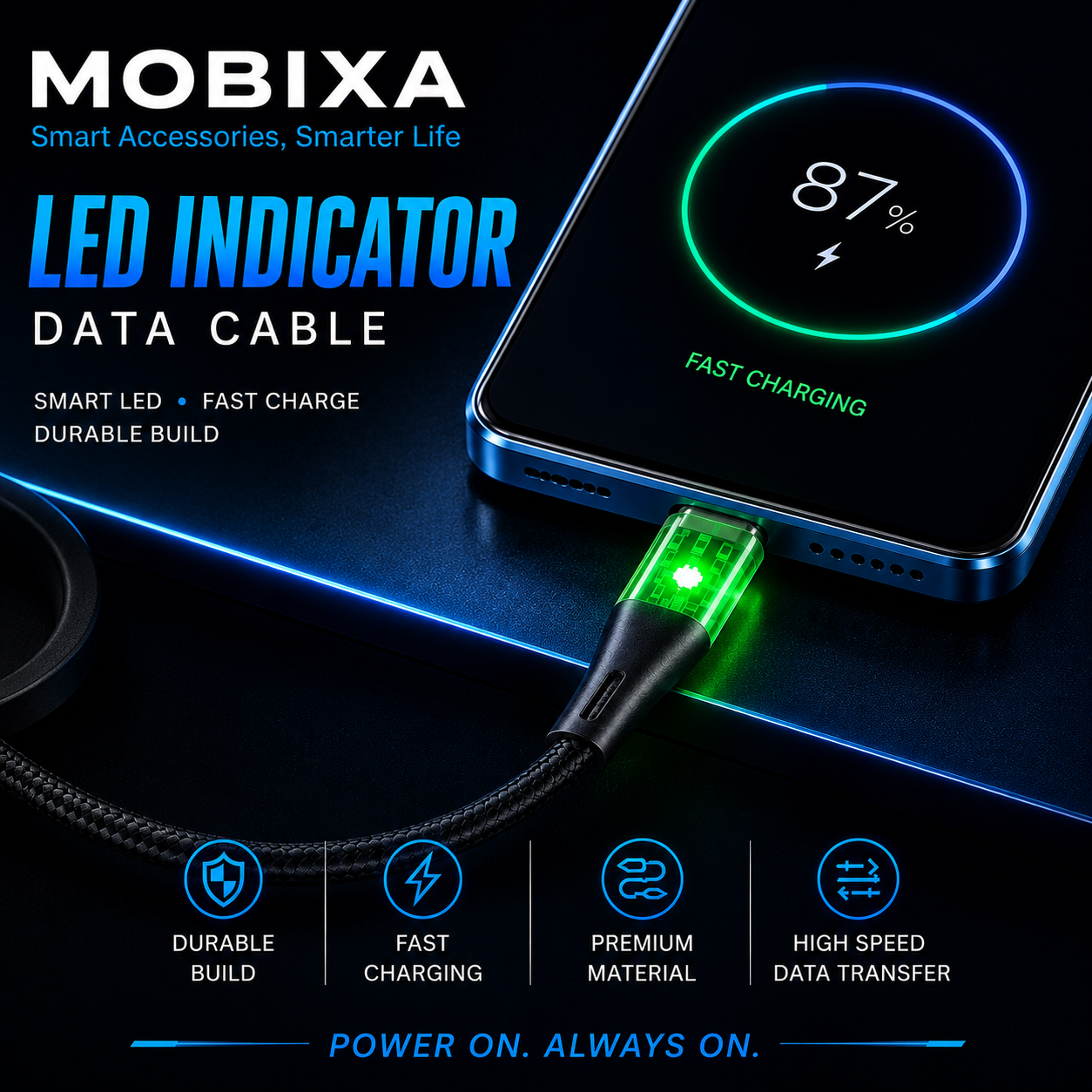 MOBIXA LED Indicator Data Cable (USB-A to Type-C)