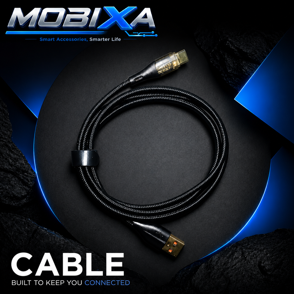 Mobixa premium braided USB charging cable in black, durable fast charging and data transfer cab
