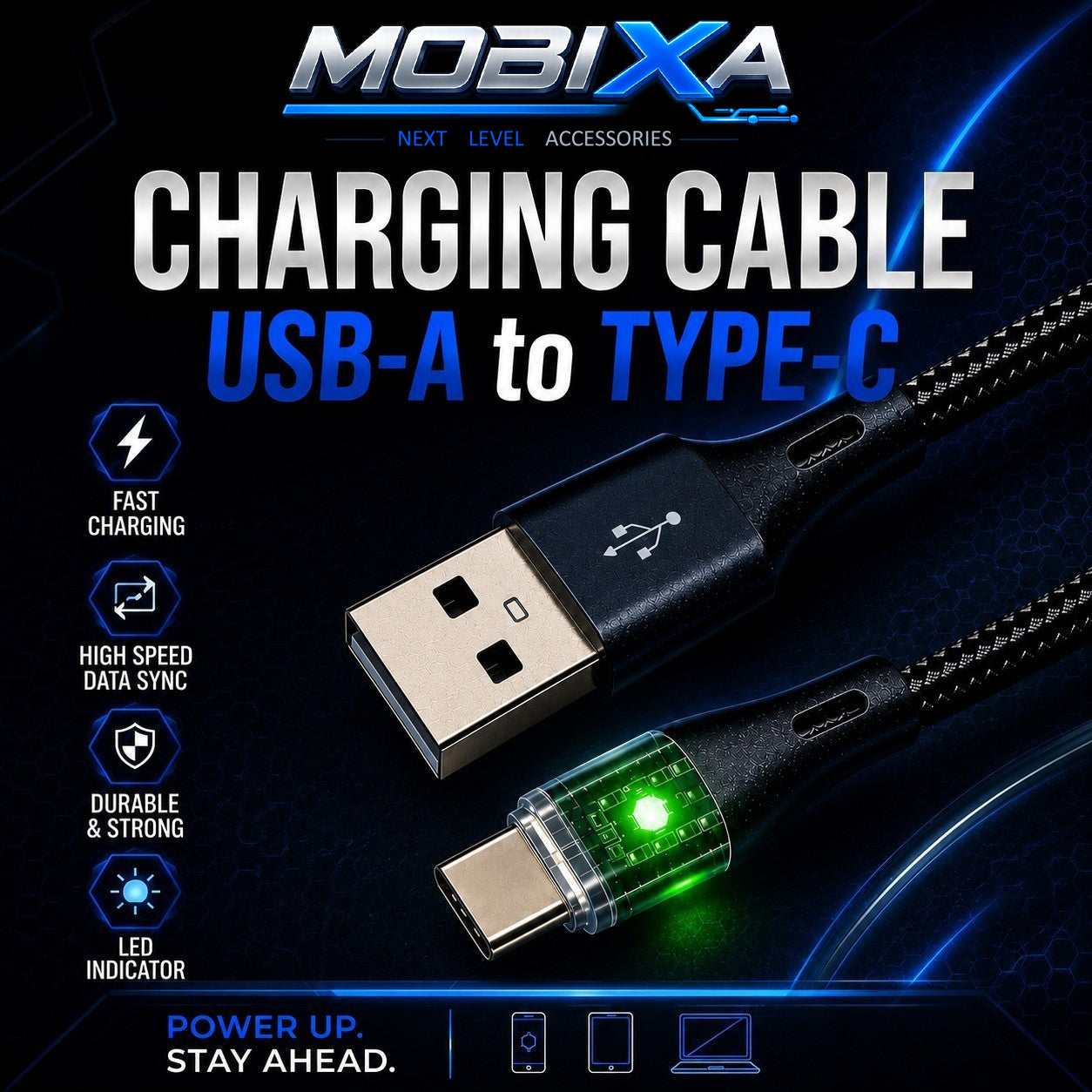 MOBIXA USB-A to Type-C cable with fast charging and high-speed data transfer