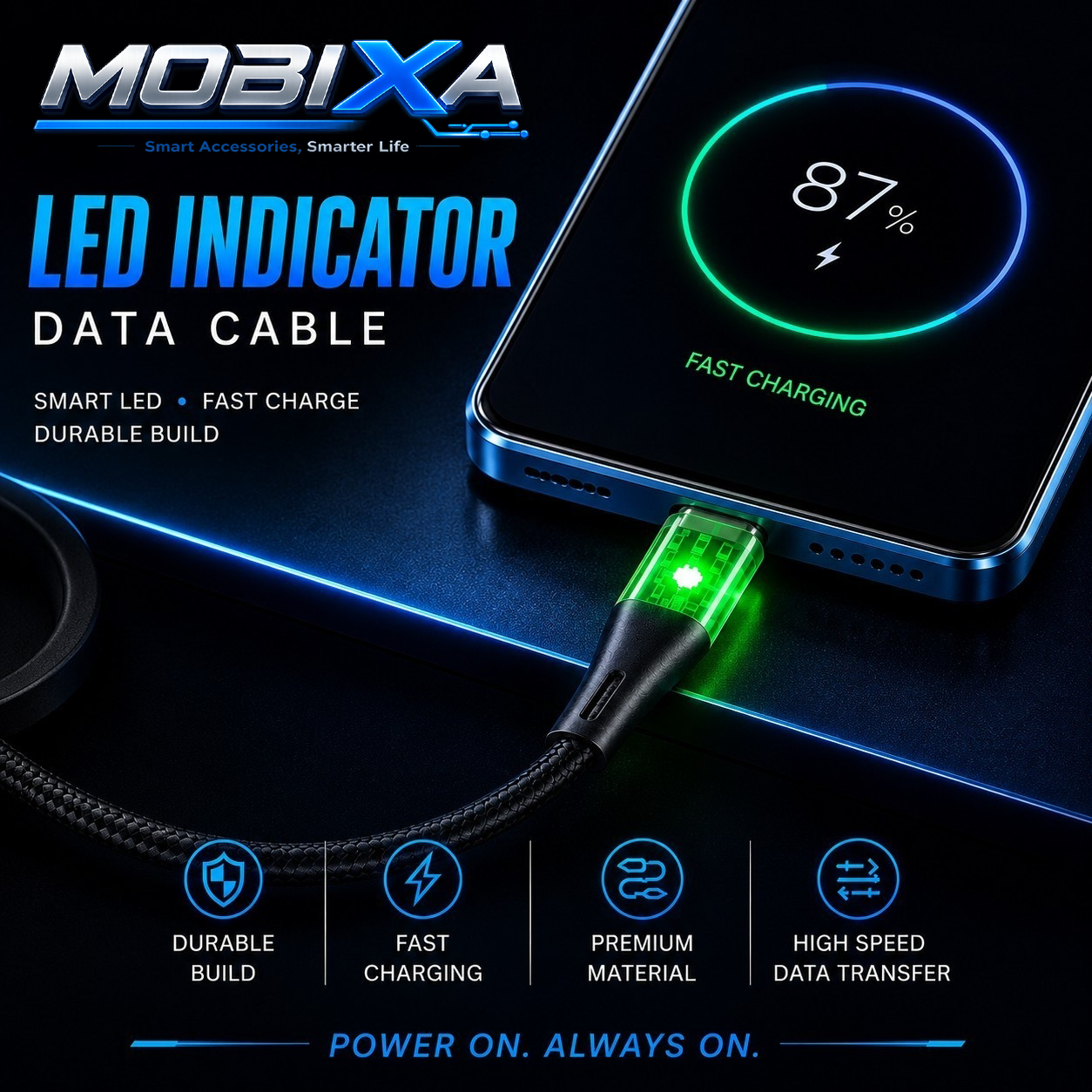 MOBIXA braided Type-C charging cable connected to smartphone for fast charging