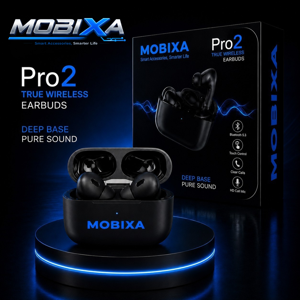 MOBIXA Pro2 True Wireless Earbuds in Black with Charging Case and Premium Retail Box Featuring Bluetooth 5.3, Deep Bass Sound, Touch Control, and HD Call Microphone
