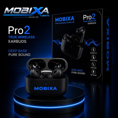 MOBIXA Pro2 True Wireless Earbuds in Black with Charging Case and Premium Retail Box Featuring Bluetooth 5.3, Deep Bass Sound, Touch Control, and HD Call Microphone