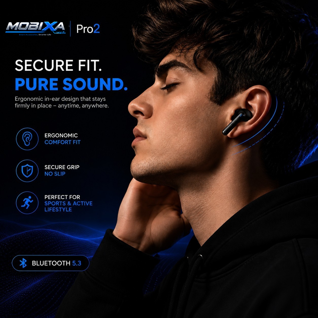 MOBIXA Pro2 TWS Bluetooth 5.3 Wireless Earbuds with Ergonomic Secure Fit, Deep Bass Audio, Comfortable In-Ear Design for Sports and Daily Use