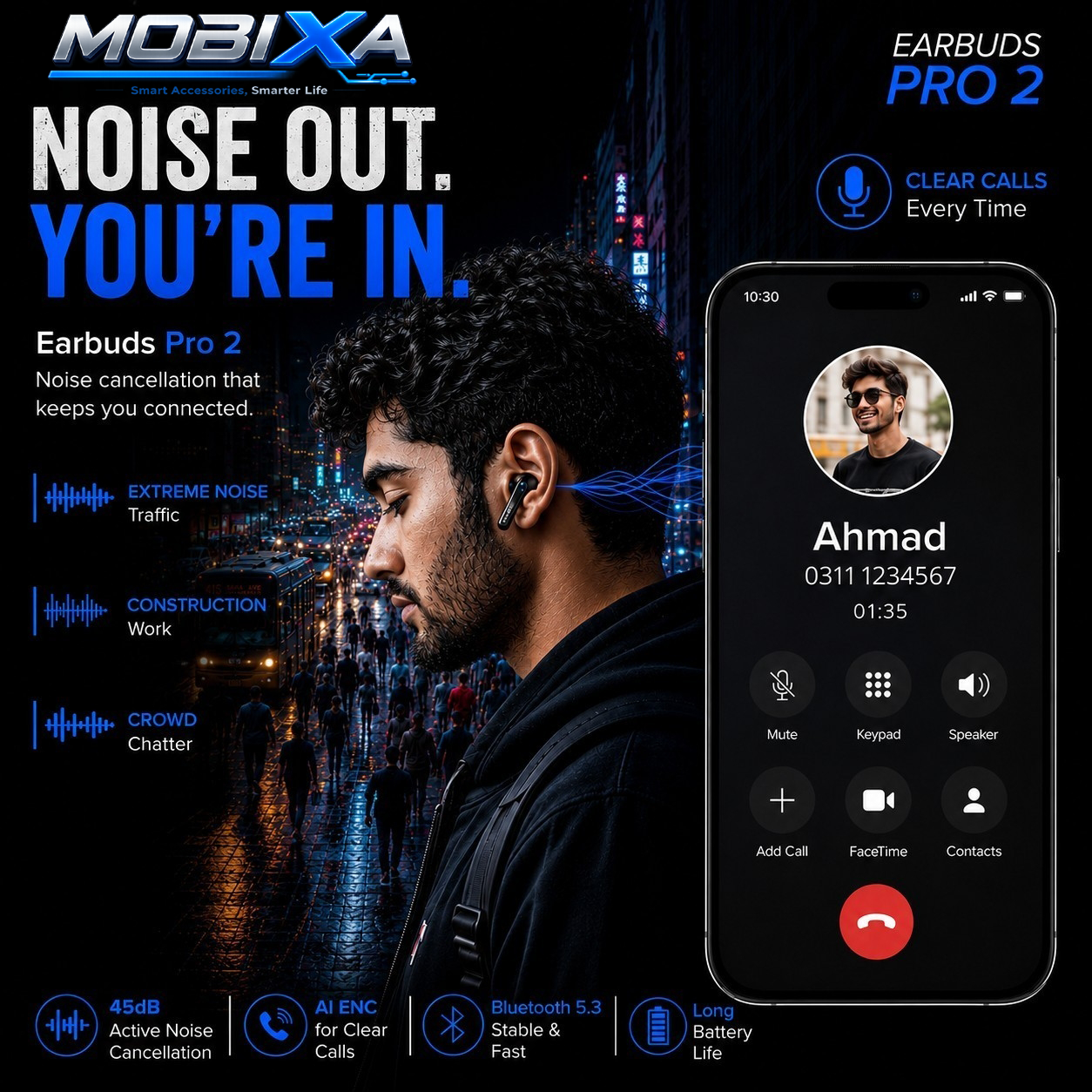 MOBIXA Pro 2 TWS Earbuds featuring 45dB Active Noise Cancellation, AI ENC Clear Calls, Bluetooth 5.3, Secure Fit, Deep Bass Sound, and Long Battery Life