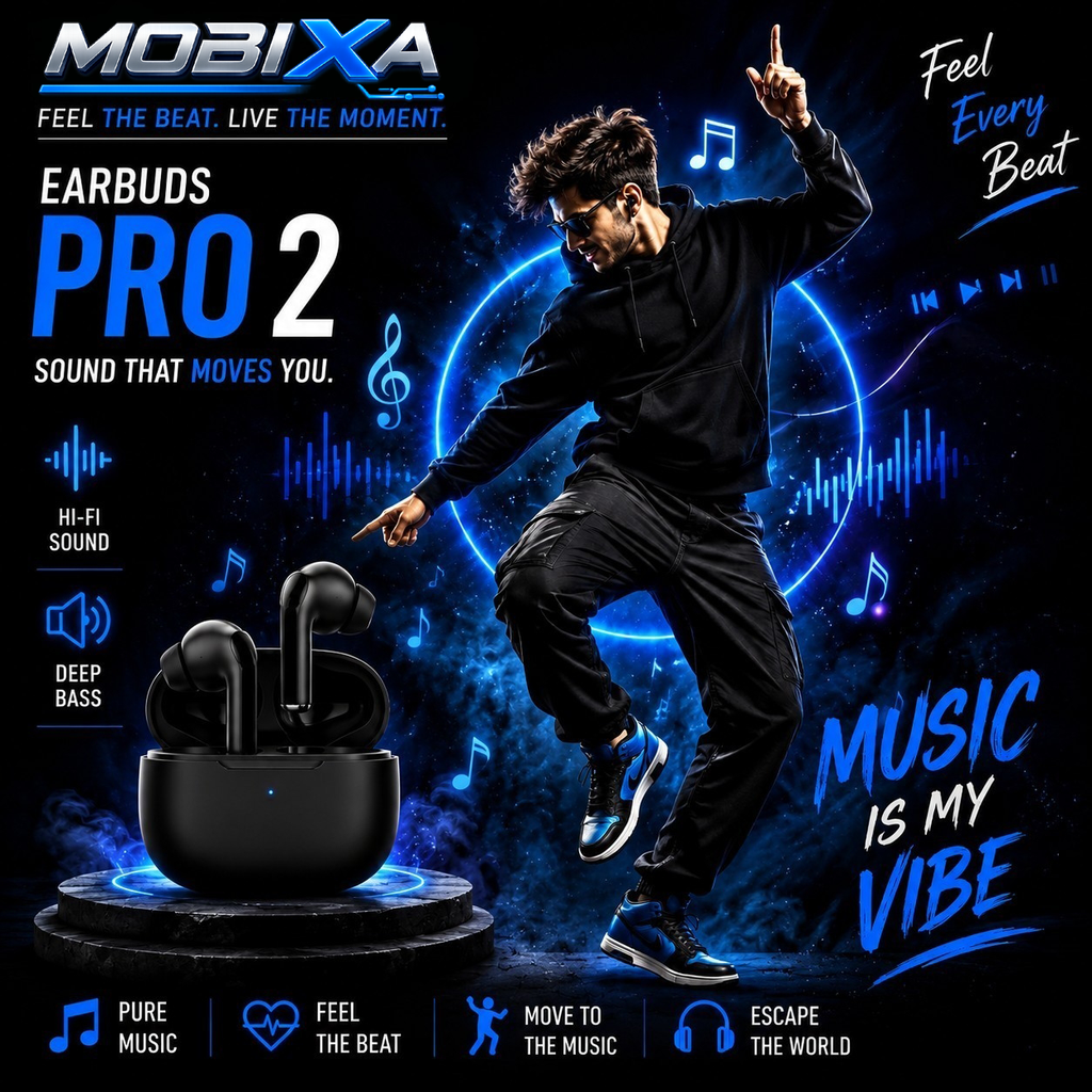MOBIXA Pro 2 TWS Bluetooth 5.3 Earbuds featuring Hi-Fi Stereo Sound, Deep Bass, Ergonomic Fit, Long Battery Life, and Premium Wireless Audio Experience