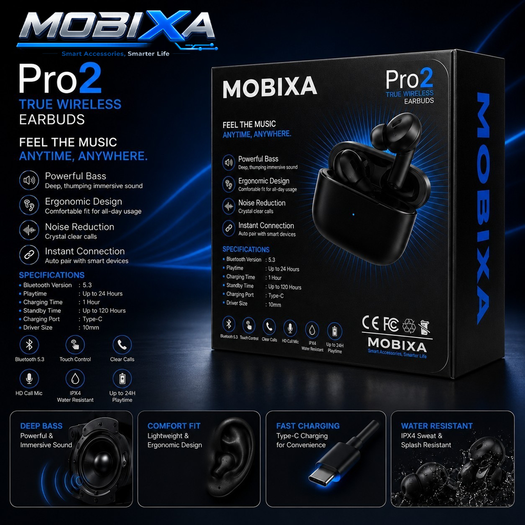 MOBIXA Pro2 TWS Bluetooth 5.3 Wireless Earbuds Packaging featuring Deep Bass, Ergonomic Comfort Fit, Crystal Clear Calls, Type-C Fast Charging, IPX4 Water Resistance, and 24-Hour Battery Life