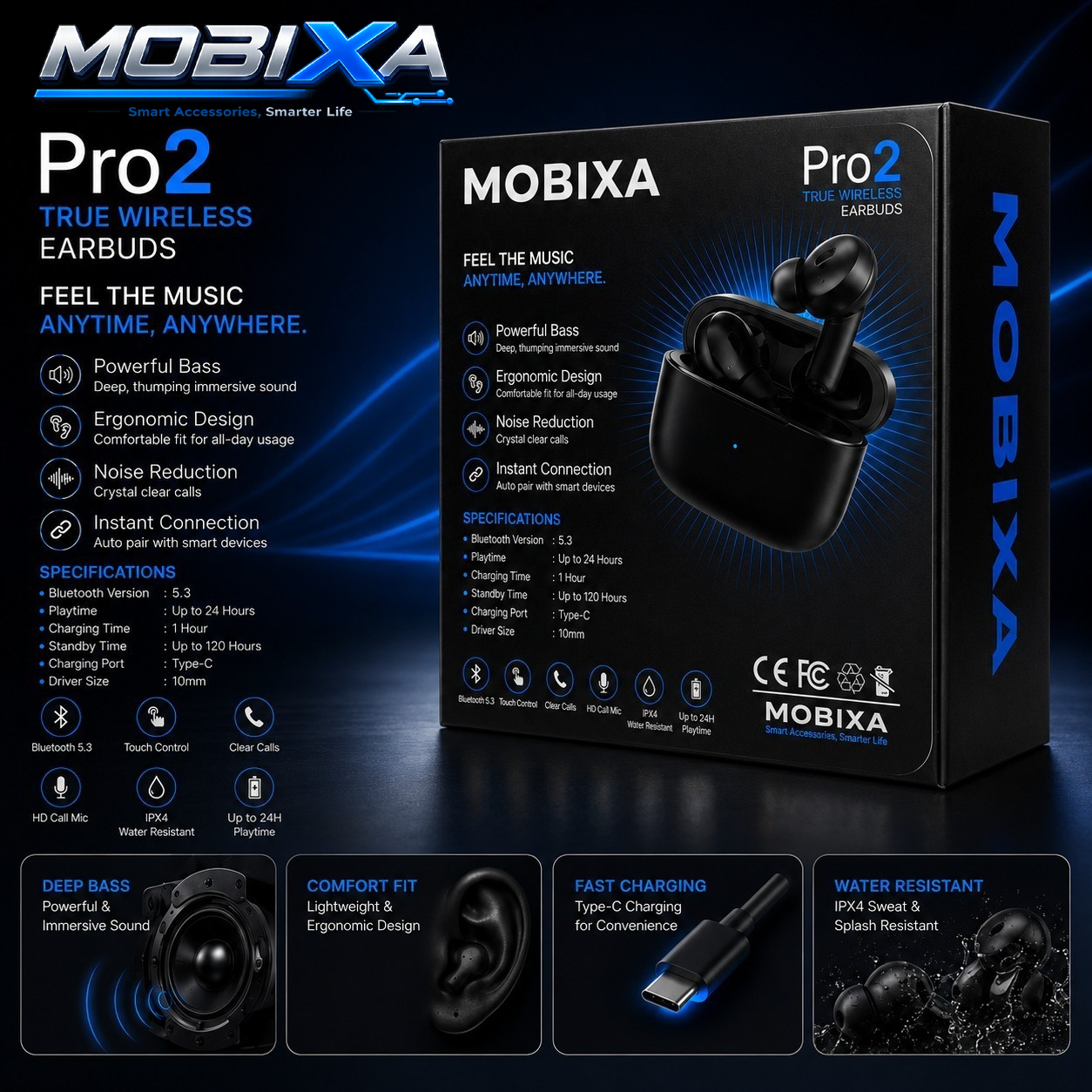 MOBIXA Pro2 TWS Bluetooth 5.3 Wireless Earbuds Packaging featuring Deep Bass, Ergonomic Comfort Fit, Crystal Clear Calls, Type-C Fast Charging, IPX4 Water Resistance, and 24-Hour Battery Life