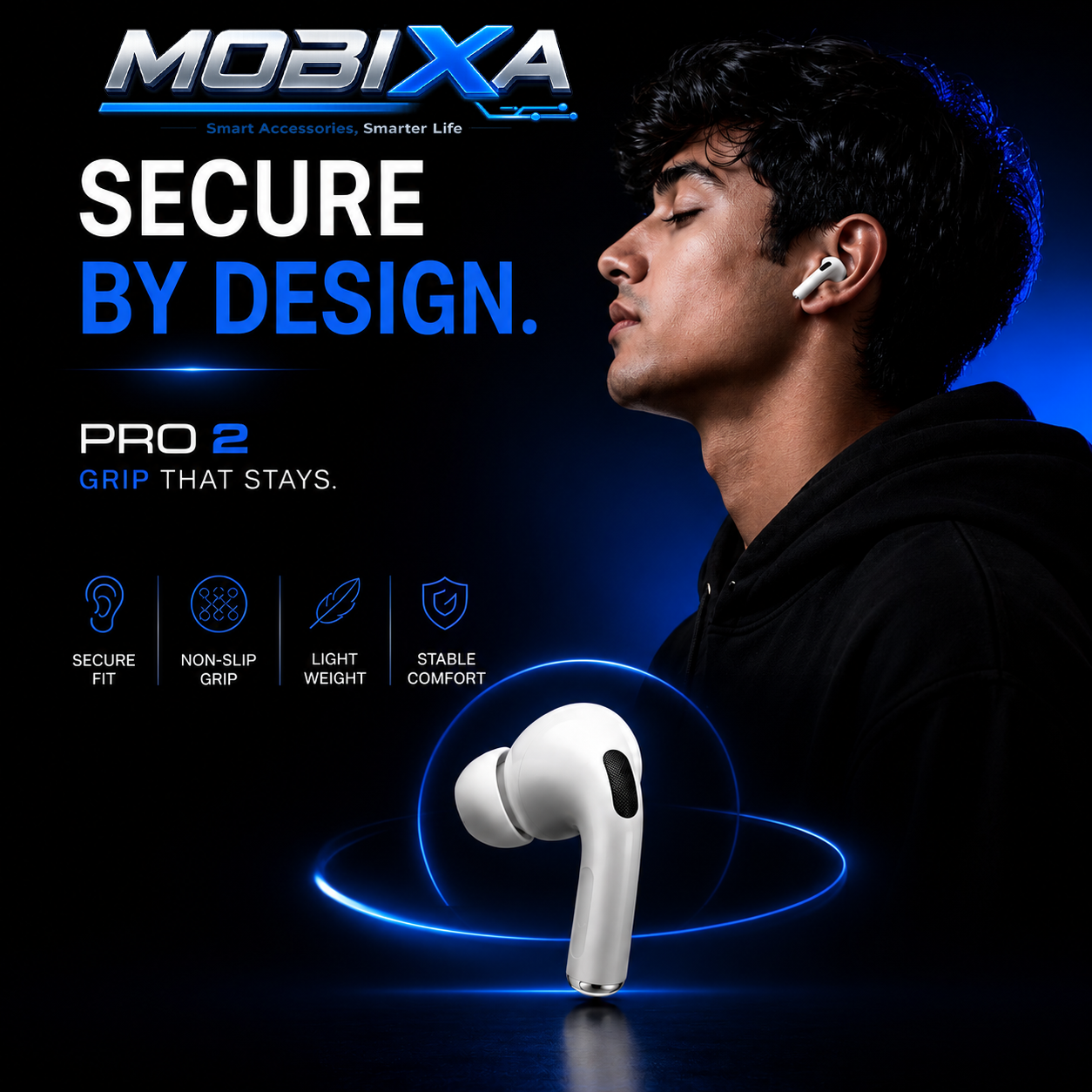 MOBIXA Pro 2 True Wireless Bluetooth Earbuds with Secure Fit, Non-Slip Grip, Lightweight Design, and Stable All-Day Comfort