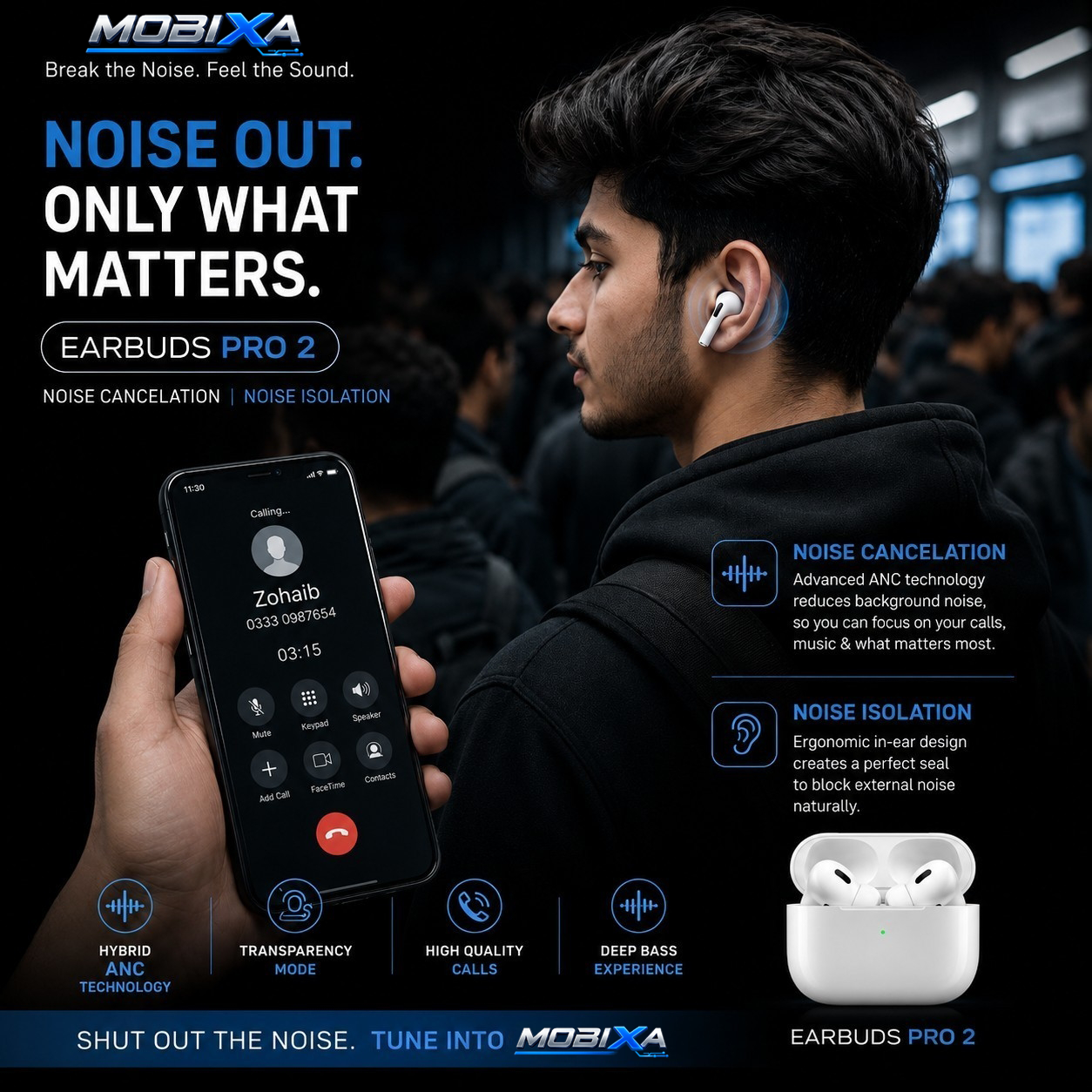 MOBIXA Pro 2 True Wireless Earbuds with Hybrid ANC Noise Cancellation, Noise Isolation, and Deep Bass Sound in Crowded Environment