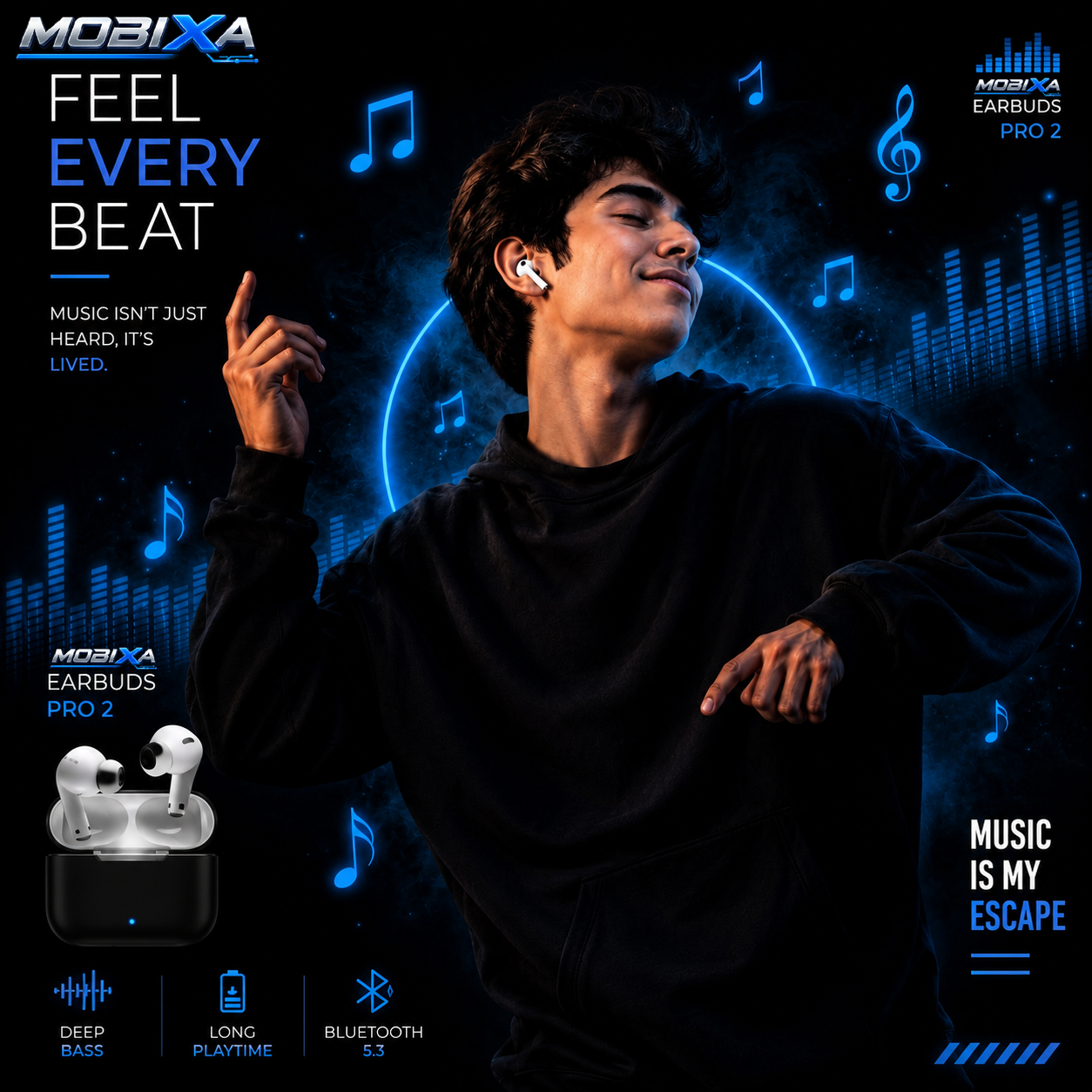 MOBIXA Pro 2 Bluetooth 5.3 Wireless Earbuds with Deep Bass Audio, Long Playtime, and Premium Music Listening Experience