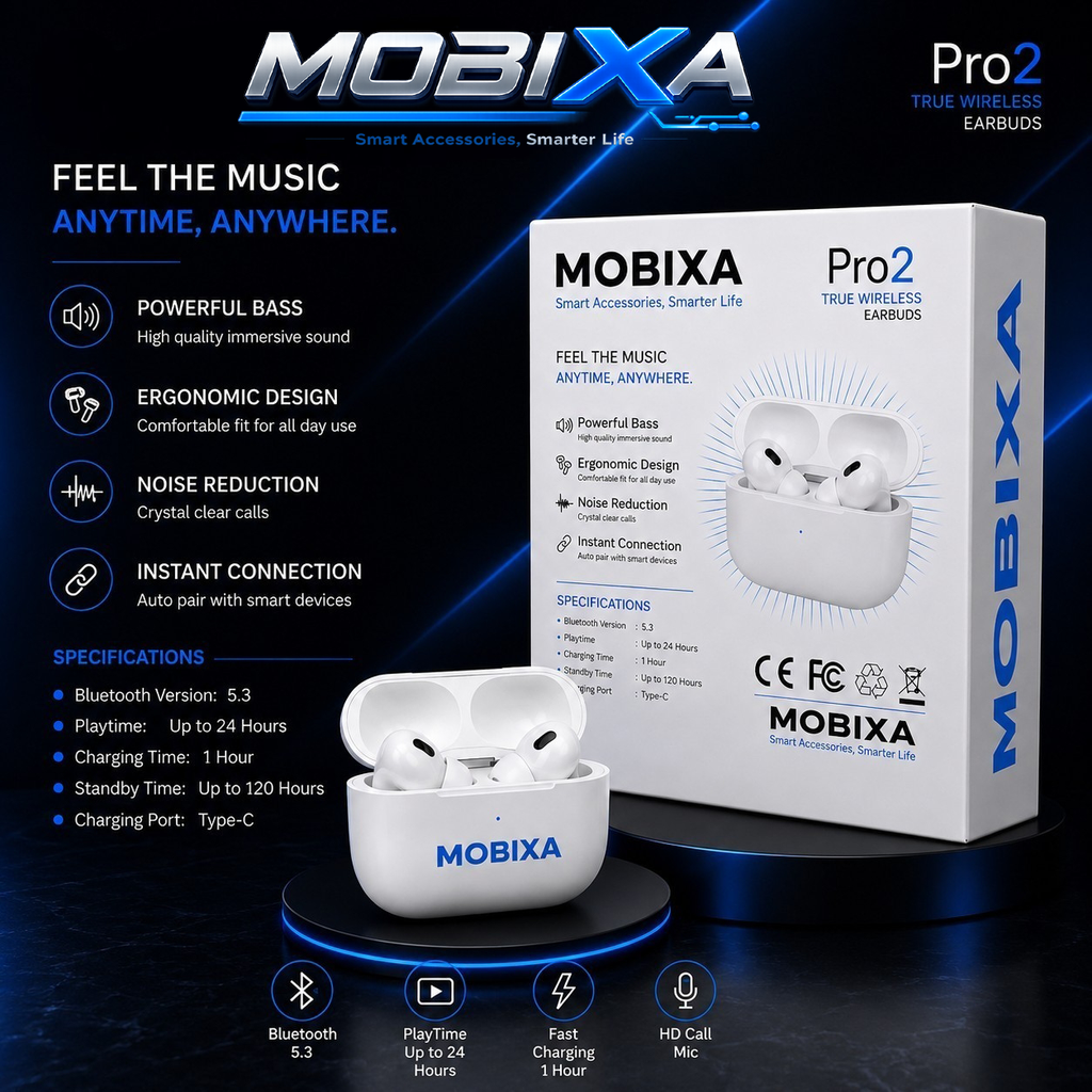 MOBIXA Pro 2 True Wireless Earbuds with Bluetooth 5.3, Deep Bass Sound, Noise Reduction, Type-C Fast Charging, and 24-Hour Playtime