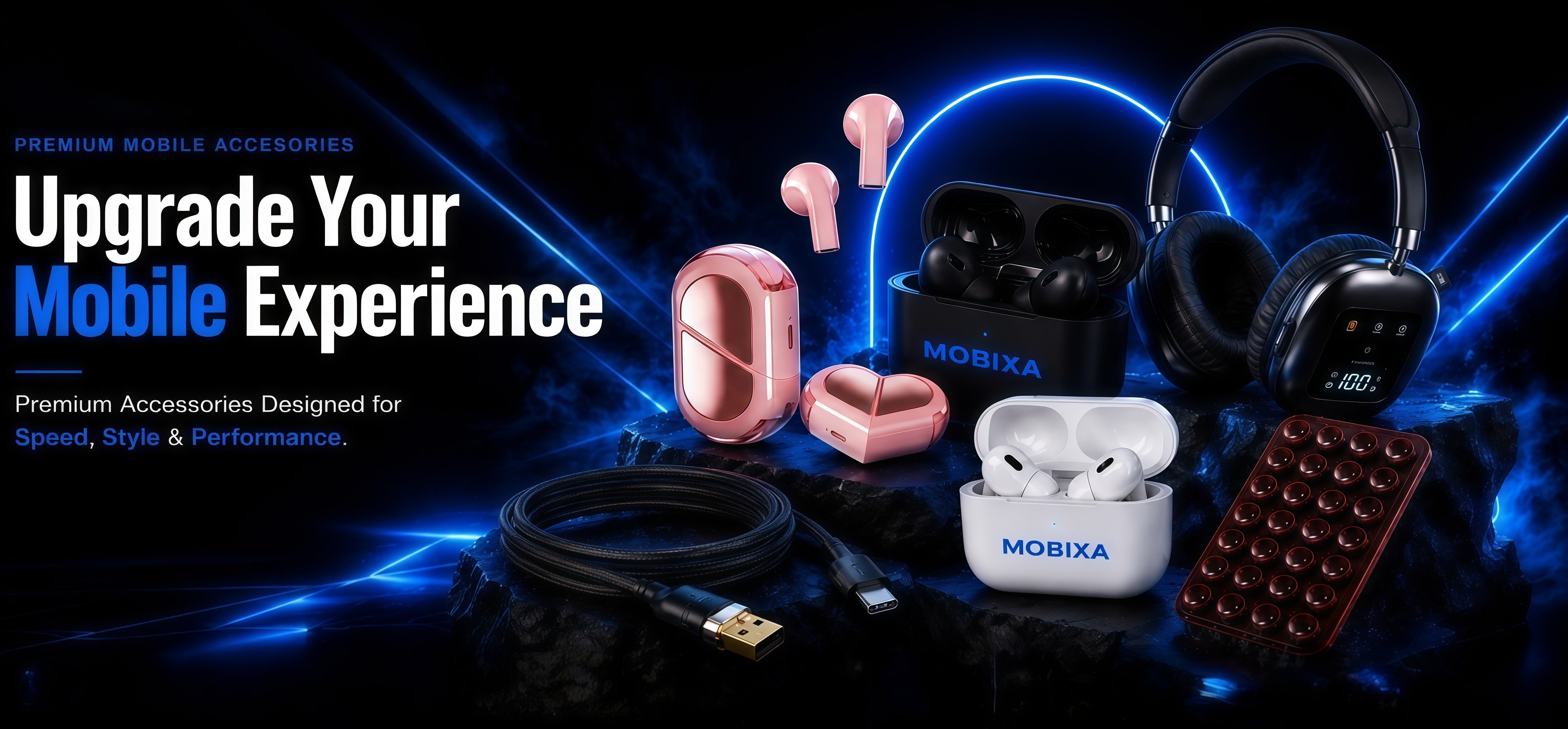 MOBIXA premium mobile accessories hero banner featuring wireless earbuds, over-ear headphones, USB charging cable, phone cooling pad, and Bluetooth earphones on a black and blue neon background with the text 'Upgrade Your Mobile Experience