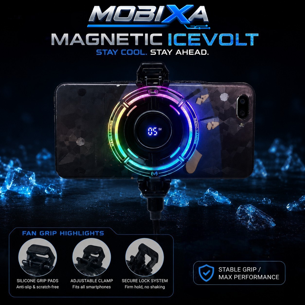 MOBIXA Magnetic IceVolt RGB mobile cooling fan attached to a smartphone, featuring real-time temperature display, colorful LED ring, adjustable grip clamp, secure lock system, and powerful cooling for mobile gaming.