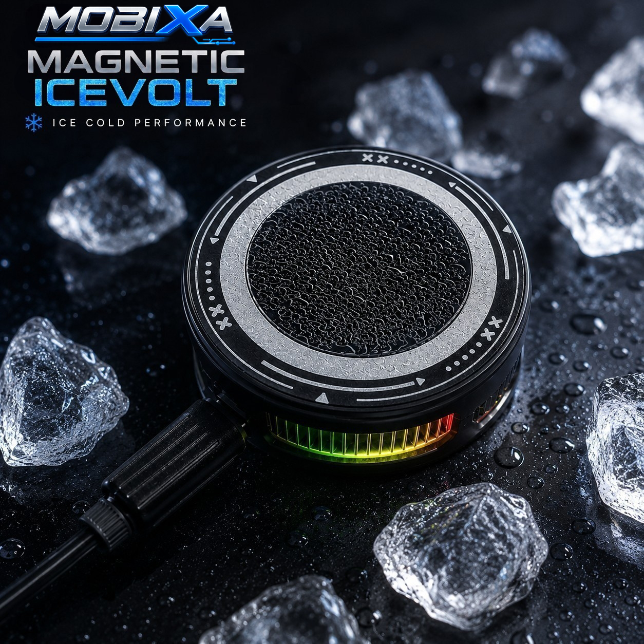 MOBIXA Magnetic IceVolt mobile cooling fan with RGB lighting, ice-cold performance technology, and advanced heat dissipation, displayed among ice cubes for smartphone gaming and high-performance cooling.