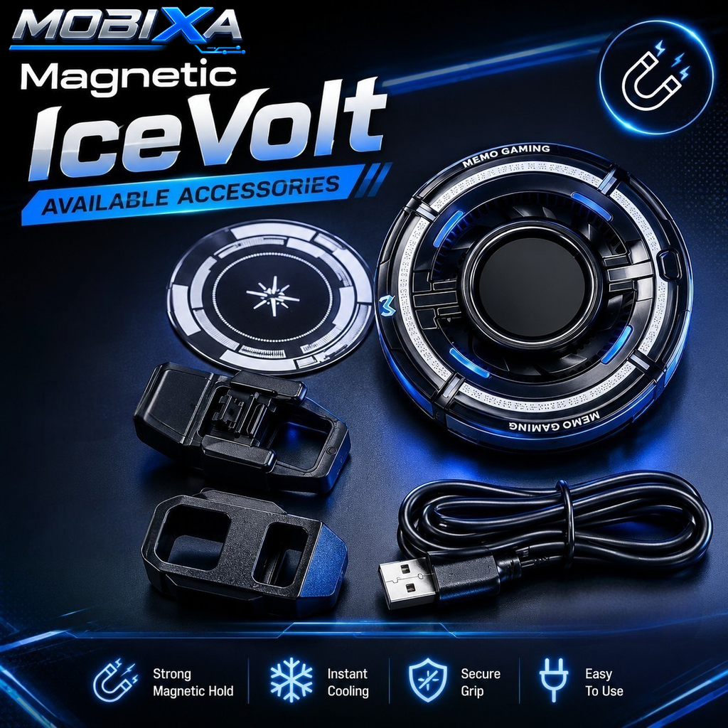 MOBIXA Magnetic IceVolt mobile cooling fan accessories kit featuring magnetic cooler, phone clamp, magnetic plate, and USB power cable with instant cooling technology and strong magnetic hold.