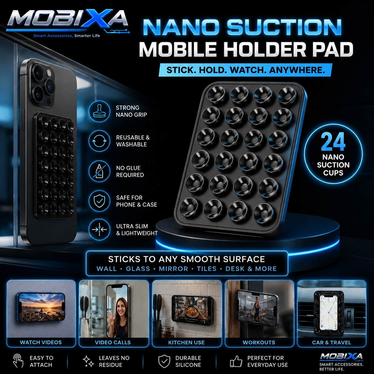 MOBIXA Nano Suction Mobile Holder Pad with 24 nano suction cups, reusable adhesive-free phone mount for hands-free video calls, watching videos, kitchen use, workouts, car travel, and smooth surface attachment