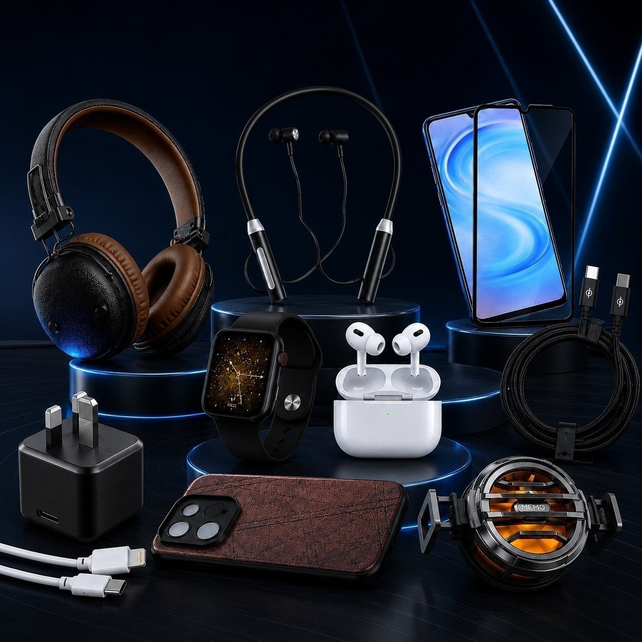 Premium mobile accessories collection featuring wireless headphones, neckband earphones, TWS earbuds, smartwatch, fast charger adapter, USB-C charging cable, phone case, gaming phone cooler, and tempered glass screen protector on a modern black and blue background.